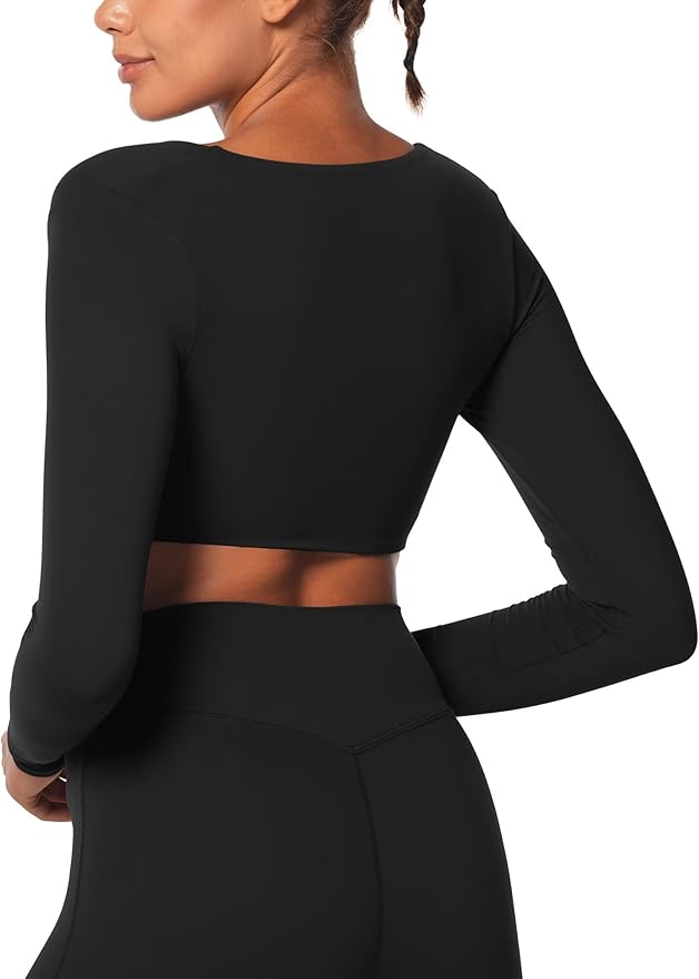 Sunzel Long Sleeve Workout Tops for Women Buttery Soft Deep V Twist Cropped Tops with Compression for Yoga Pilates Gym Outfit