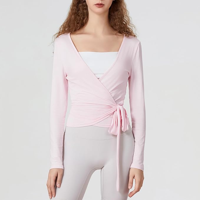 Women Wrap Top Long Sleeve Deep V Neck Cross Tie Workout Ballet Pilates Yoga Shirt