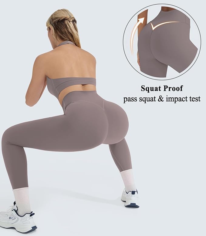 OMKAGI 2 Piece Workout Sets for Women Halter Sports Bras Gym Sets Booty Leggings Outfits