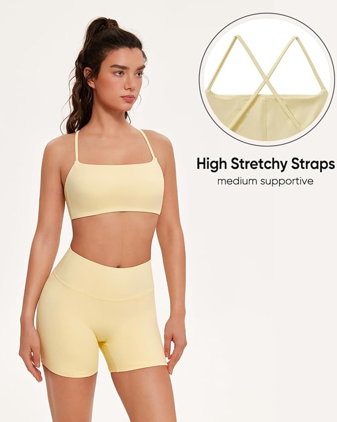 OMKAGI Workout Sets for Women Open Back Strappy Sports Bra Booty Biker Shorts Gym Outfits