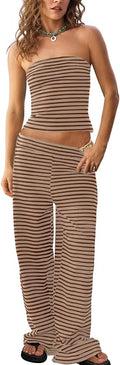Tankaneo Womens Striped 2 Piece Sets Summer Strapless Crop Tube Tops Wide Leg Pants Matching Lounge Set Vacation Outfits