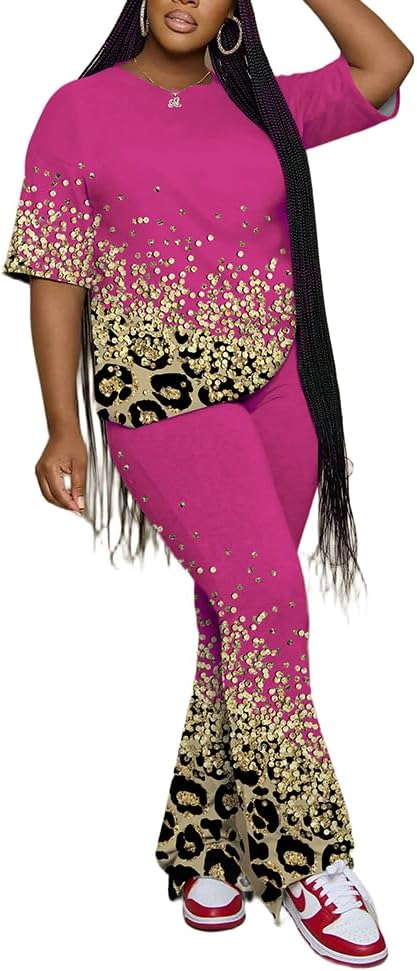 PINSV Women 2 Piece Outfits Short Sleeve Top and Flare Pants Lounge Sets Tracksuit