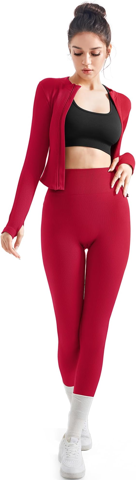 SUUKSESS Women 2 Piece Seamless Ribbed Workout Sets With Zip Up Jacket High Waisted Gym Yoga Leggings