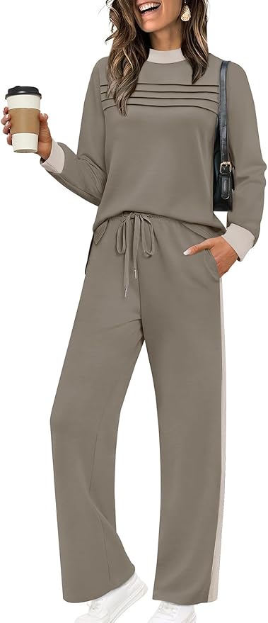 WIHOLL Two Piece Sets for Women Spring Travel Vacation Outfits 2026 Long Sleeve Lounge Sets Side Slit Wide Leg Pants S-3XL