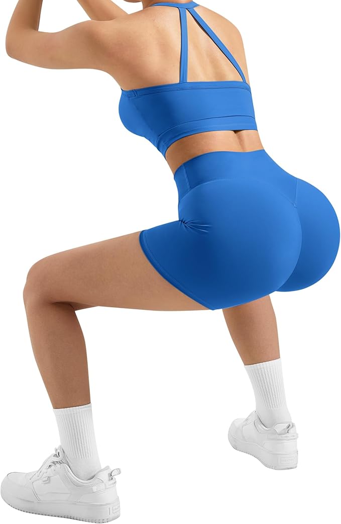 SUUKSESS Women 2 Piece Workout Sets High Waisted Tummy Control Biker Shorts Halter Padded Tank Tops