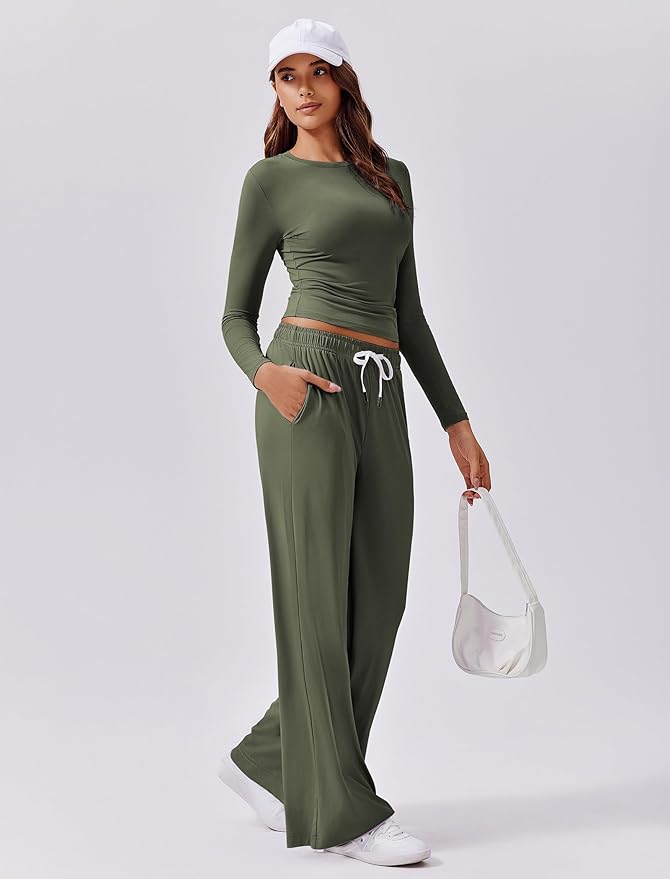 PINSPARK Women 2 Piece Lounge Set Long Sleeve Cropped Top Wide Leg Pants with Pockets 2024 Fall Outfits Matching Tracksuit