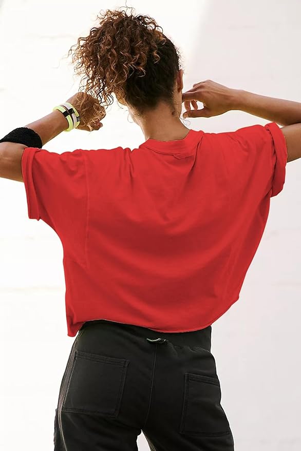 Women's Oversize Workout Crop Tops Casual Short Sleeve Drop Shoulder Boxy T-Shirts Roll Hem Basic Loose Yoga Running Tees
