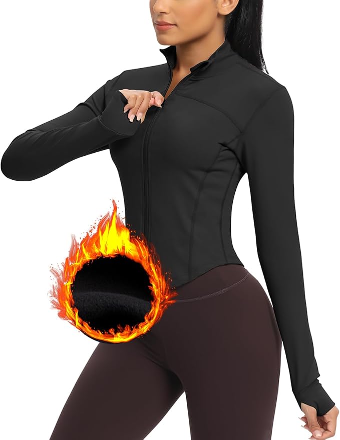 Women BBL Jacket Full Zip UP Workout Athletic Cropped Jacket wIth Thumb Holes Running Yoga Sportswear