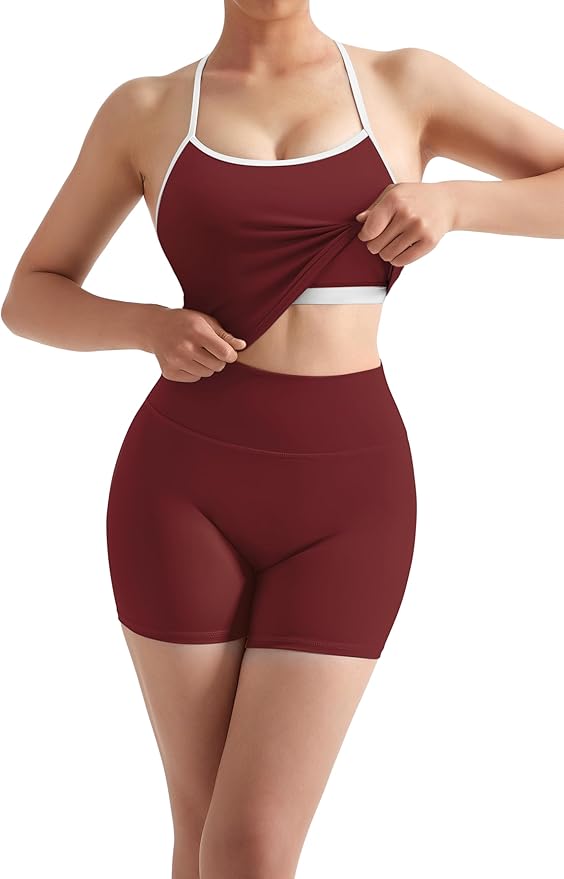 SUUKSESS Women 2 Piece Workout Sets High Waisted Tummy Control Biker Shorts Halter Padded Tank Tops