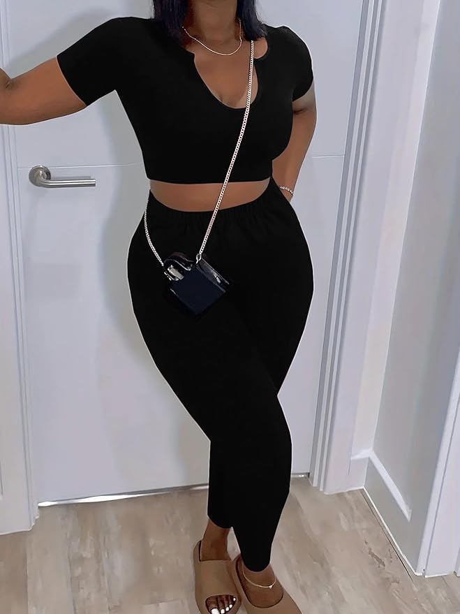 Nimsruc 2 Piece Sets For Women Sexy Casual Workout Crop Short Sleeve Long pants Leggings Sets Summer Active Wear