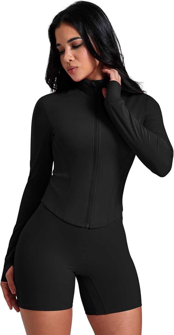 AVGO Women's Workout Jacket Lightweight Zip Up Crop Top Running Sportwear Slim Fit Gym Jackets With Thumb Holes