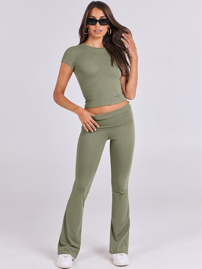 ANRABESS Lounge Sets for Women 2 Piece Foldover Yoga Flare Leggings Pants Crop Tops Casual Y2K Outfits Matching Tracksuit Set