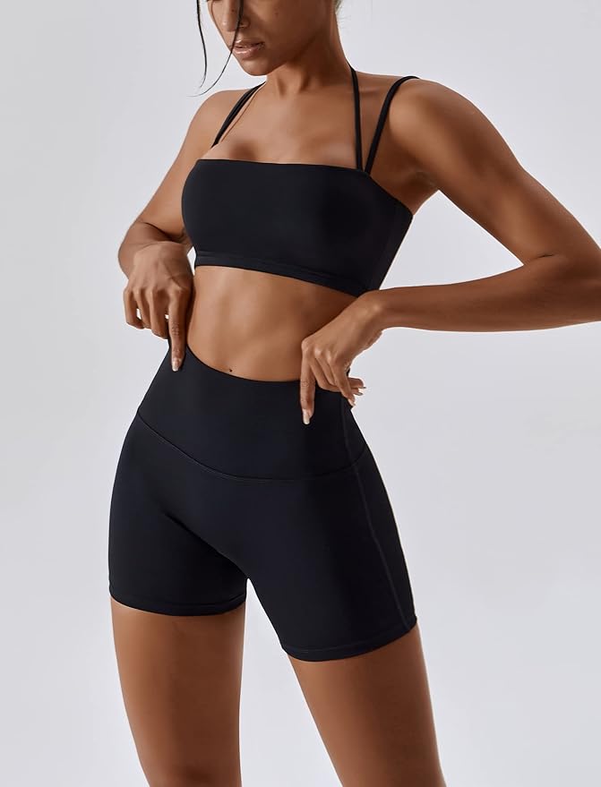 ABOCIW Workout Sets for Women 2 Piece Twist Front Halter Sports Bras High Waist Biker Shorts Exercise Gym Yoga Outfit