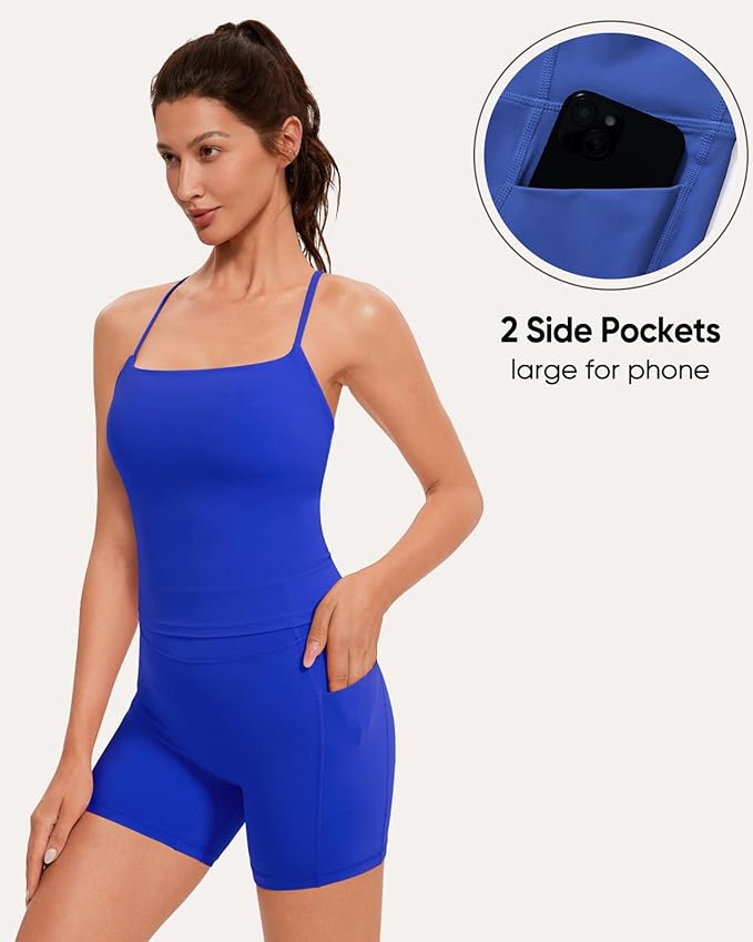 OMKAGI Workout Sets for Women Cute Spaghetti Strap Tank Tops Booty Shorts Outfits with Pockets