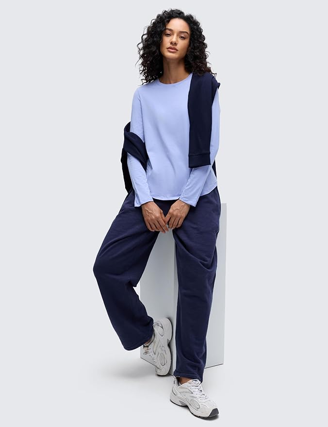 CRZ YOGA Pima Cotton Crewneck Long Sleeve Shirts for Women - Workout Athletic Yoga Casual Tops Soft Plain T-Shirt