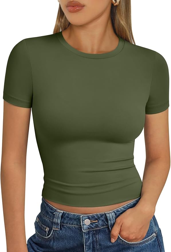 Trendy Queen Womens Short Sleeve T Shirts - Buttery Soft Summer Crop Tops Slim Fit Y2k Basic Tees for Workout