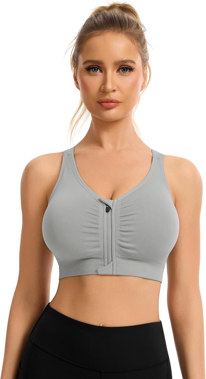 Women's Zip Front Sports Bra Wireless Post-Surgery Bra Active Yoga Sports Bras