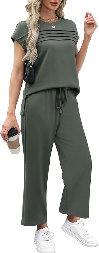 WIHOLL Two Piece Sets for Women Summer Spring Travel Vacation Outfits Cap Sleeve Lounge Matching Sets Wide Leg Pants S-3XL