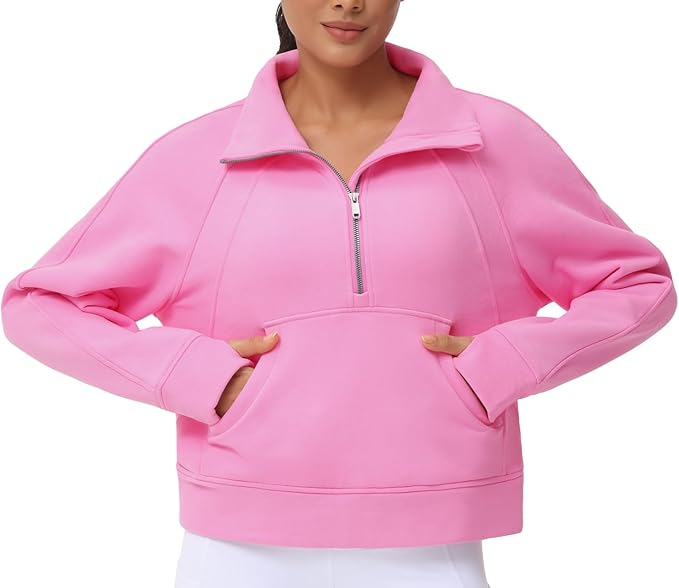THE GYM PEOPLE Womens' Half Zip Pullover Fleece Stand Collar Crop Sweatshirt with Pockets Thumb Hole