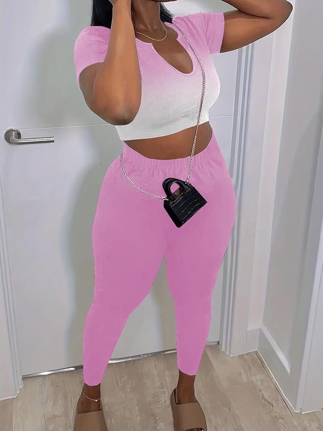 Nimsruc 2 Piece Sets For Women Sexy Casual Workout Crop Short Sleeve Long pants Leggings Sets Summer Active Wear