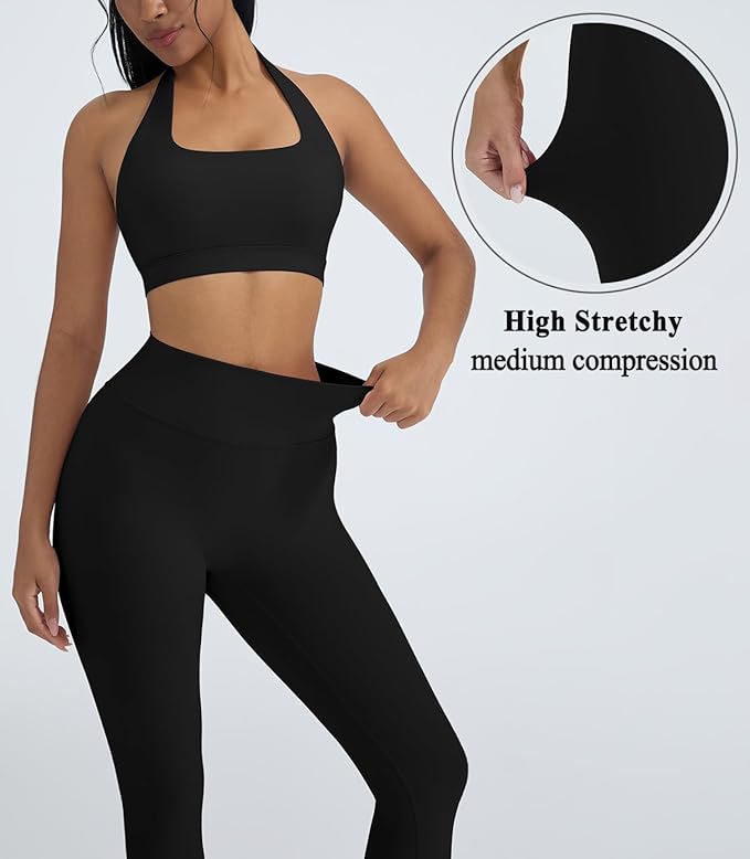 OMKAGI 2 Piece Workout Sets for Women Halter Sports Bras Gym Sets Booty Leggings Outfits