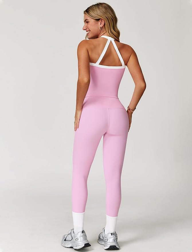 QBGJTD Womens Workout Sets Two Piece Cross Back Tank Top Matching High Waist Leggings Sets Gym Outfits Work Out Clothes