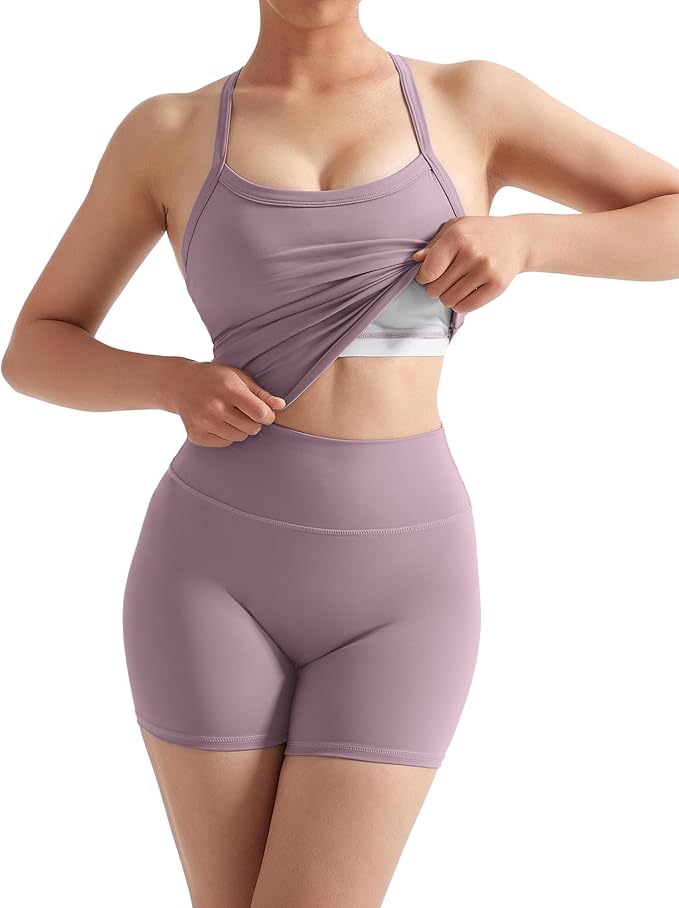 SUUKSESS Women 2 Piece Workout Sets High Waisted Tummy Control Biker Shorts Halter Padded Tank Tops