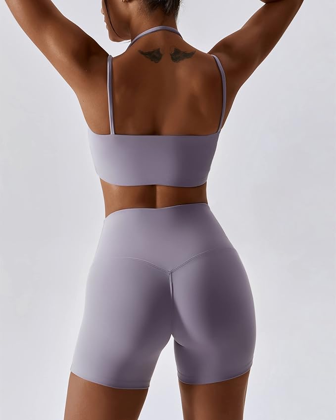 ABOCIW Workout Sets for Women 2 Piece Twist Front Halter Sports Bras High Waist Biker Shorts Exercise Gym Yoga Outfit