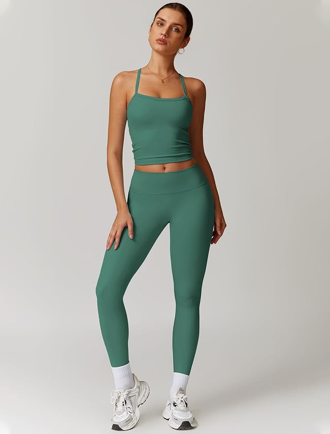 QBGJTD Womens Workout Sets Two Piece Cross Back Tank Top Matching High Waist Leggings Sets Gym Outfits Work Out Clothes