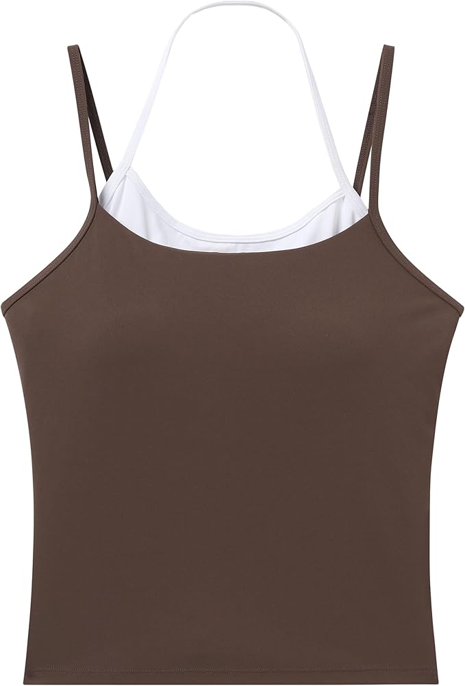 OMKAGI Halter Workout Tank Tops for Women Built in Bra Cute Layer Longline Sports Bras
