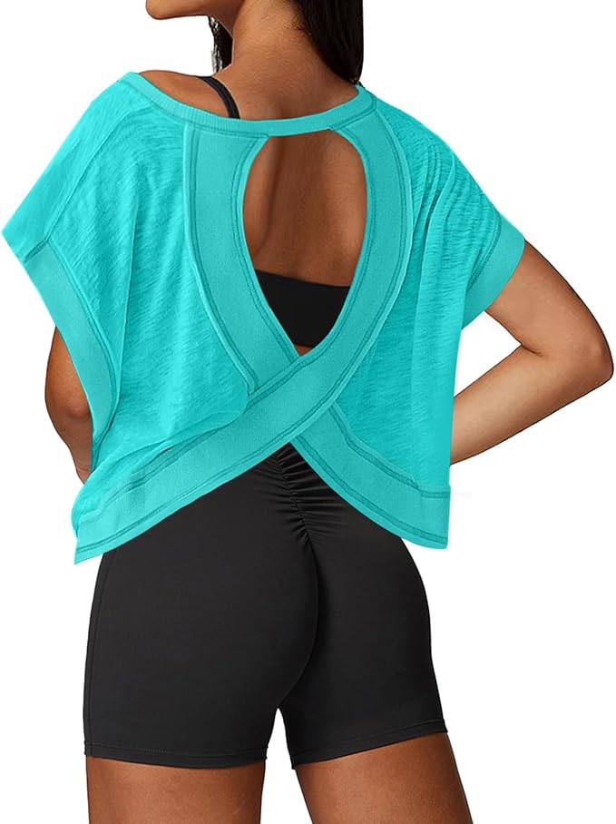 UNIANKIYA Open Back Workout Tops for Women Loose Fit Athletic Crop Tee Short Sleeve Gym Running Yoga Shirt