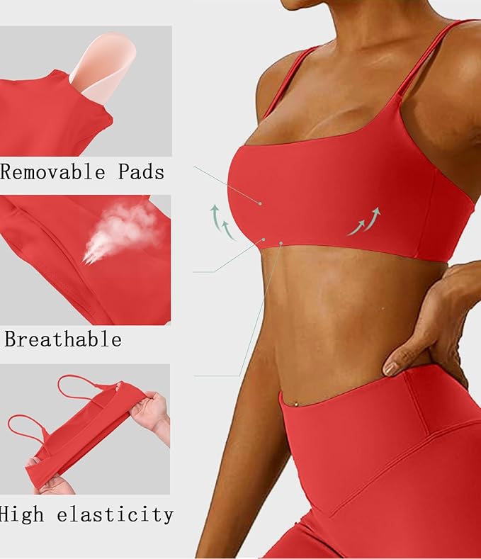 Comper Women's Sports Bra with Thin Straps Stretchy Wirefree Workout Bras Lightweight Workouts Bralette with Removable Pads
