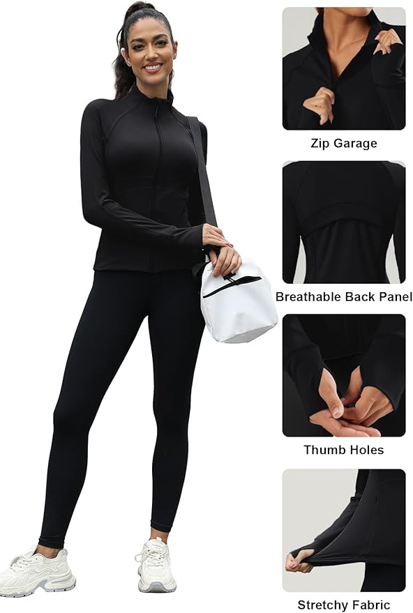 Waitfairy Zip Up Jackets for Women Yoga Gym Top Running Workout Jackets for Woman Track Jacket Women with Thumb Holes