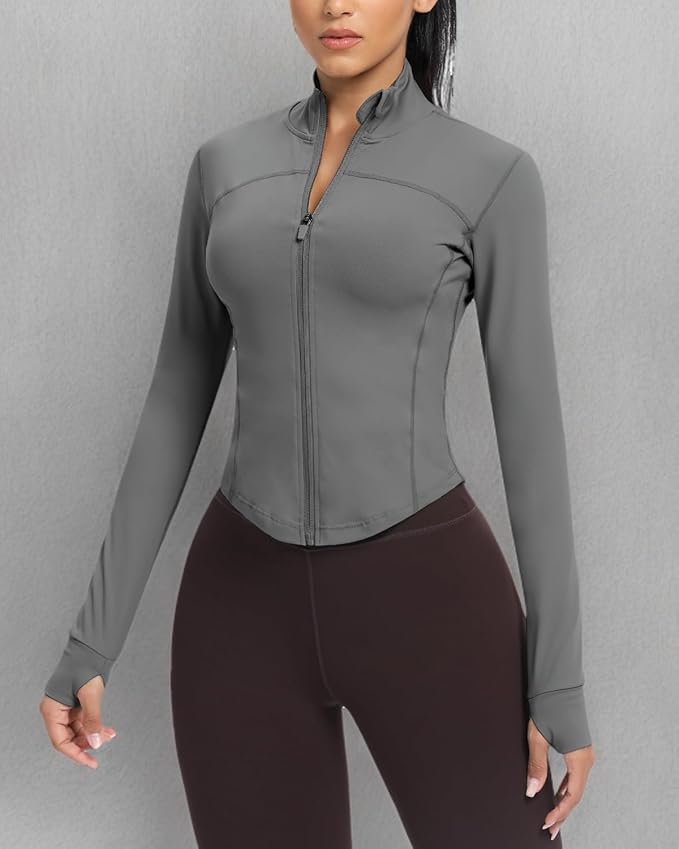 AVGO Women's Cropped Running Workout Jackets Zip Slim Fit Athletic Tops with Thumb Holes