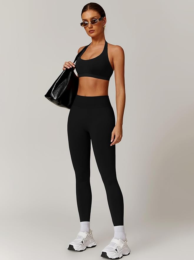 ABOCIW Workout Sets for Women Seamless Scunch Butt Lifting Impact Leggings Halter Sports Bra 2 Piece Gym Outfits