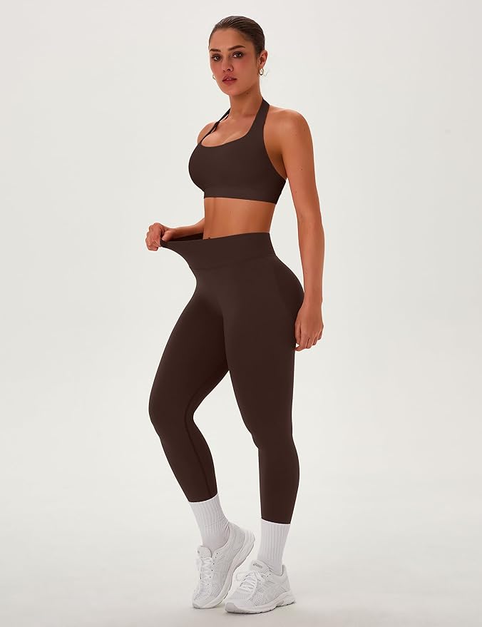 TDIFFUN Women Workout Sets 2 Piece Seamless Scrunch Butt Leggings Padded Halter Sports Bra Matching Set Gym Yoga Outfits