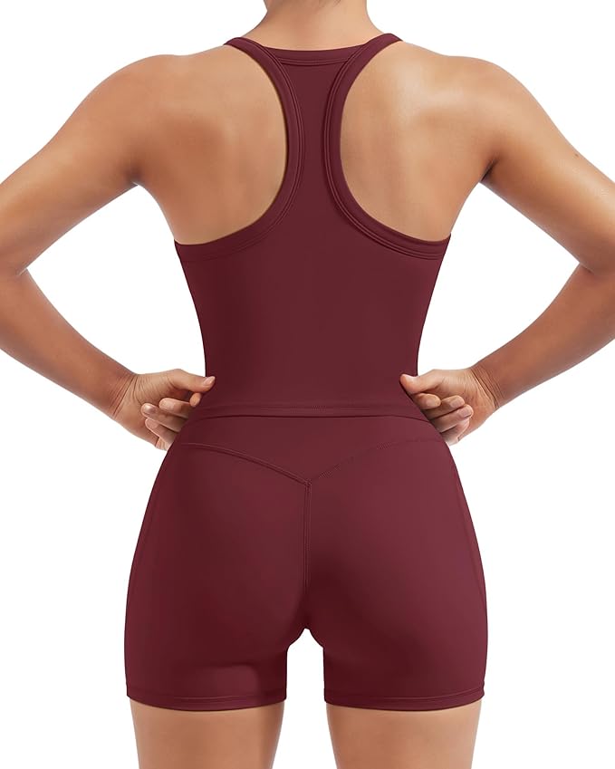SUUKSESS Women 2 Piece Workout Sets High Waisted Biker Shorts with Pockets Built in bra Racerback Tank Tops