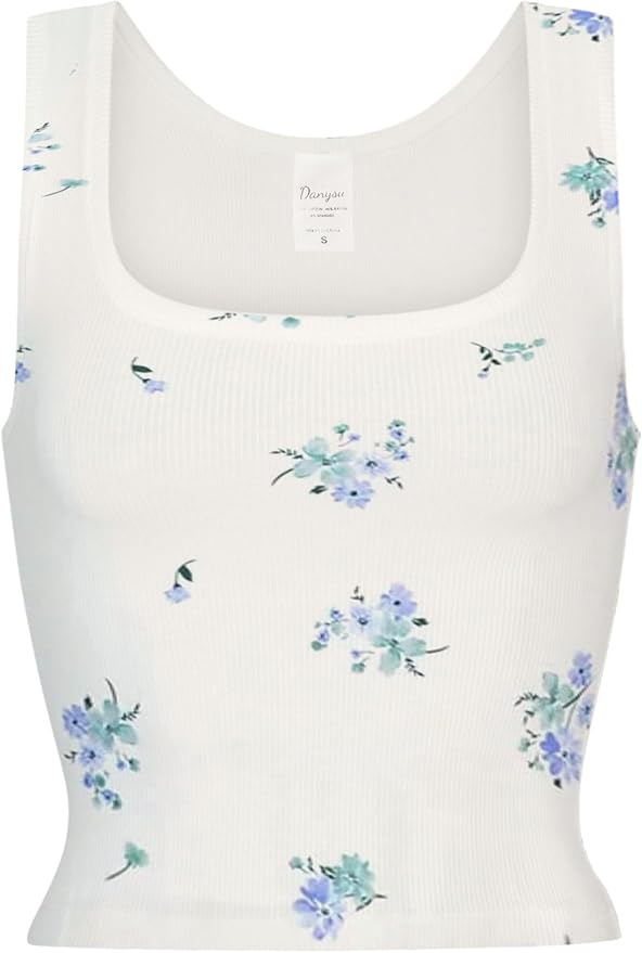 Danysu Women Rib Tank Top Padded Workout Top Square Neck Crop Tank Fitted Basic Cami Tops