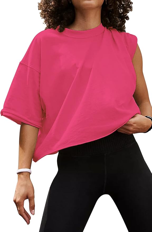 Women's Oversize Workout Crop Tops Casual Short Sleeve Drop Shoulder Boxy T-Shirts Roll Hem Basic Loose Yoga Running Tees