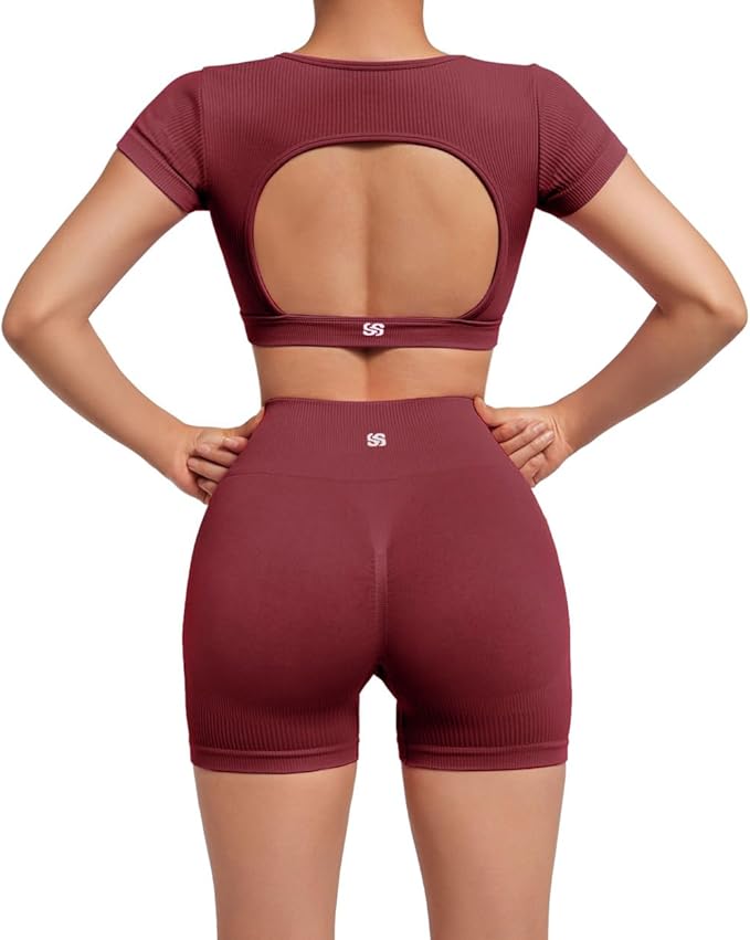 SUUKSESS Womens Workout Sets Open Back Gym Sets Woman Yoga Pilates Crop Tank High Waisted Bike Shorts