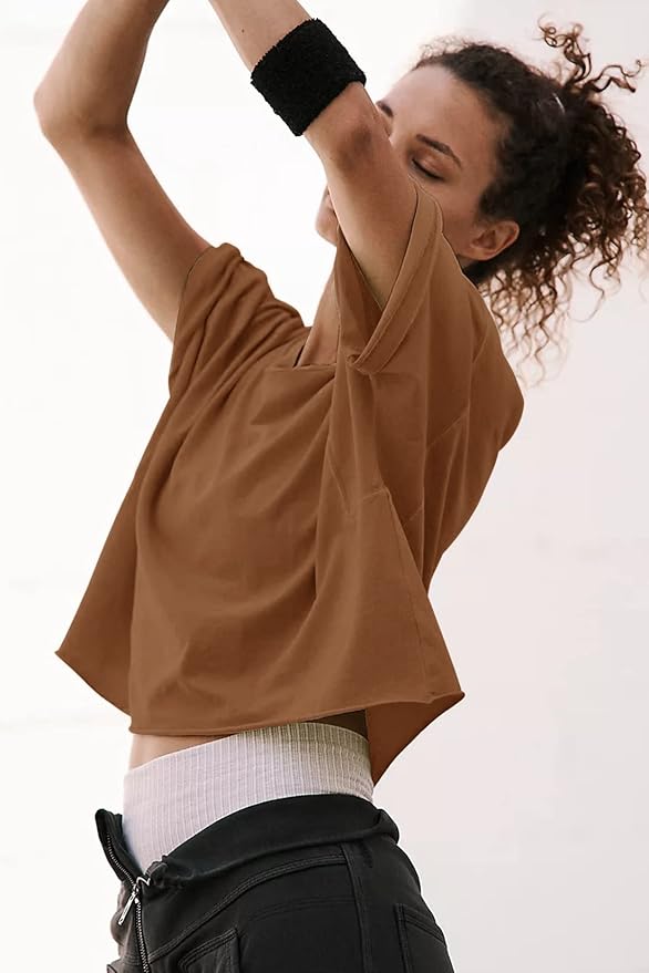 Women's Oversize Workout Crop Tops Casual Short Sleeve Drop Shoulder Boxy T-Shirts Roll Hem Basic Loose Yoga Running Tees