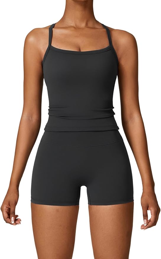 QBGJTD Two Piece Workout Sets For Women Tank Top Matching High Waist Booty Lifting Shorts Gym Yoga Active Wear Outfits