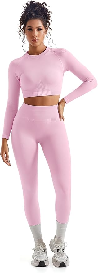 SUUKSESS Women 2 Piece Workout Sets Hidden Scrunch Hip Lifting Seamless Leggings Long Sleeve Yoga Crop Tops