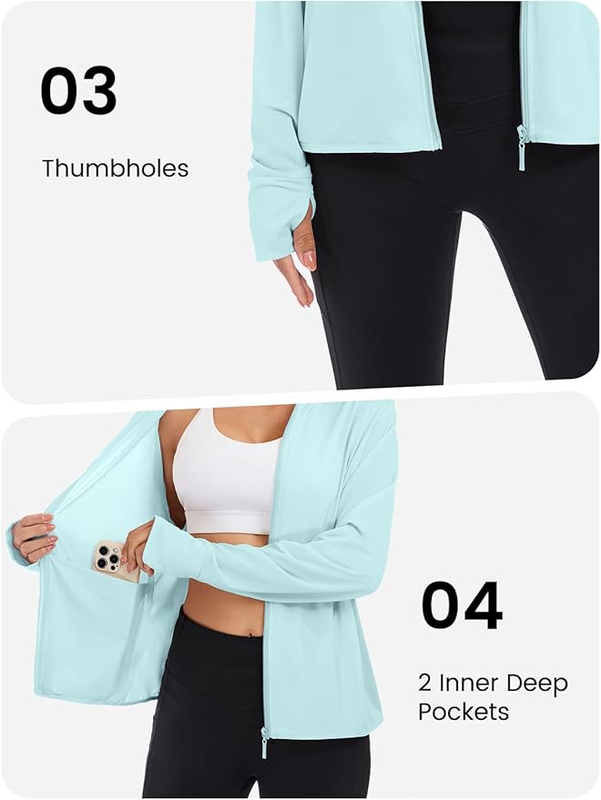VUTRU Women UPF 50+ Sun Protection Jacket Hoodie Lightweight Full Zip Pockets Running Shirts Long Sleeve for Hiking Outdoor