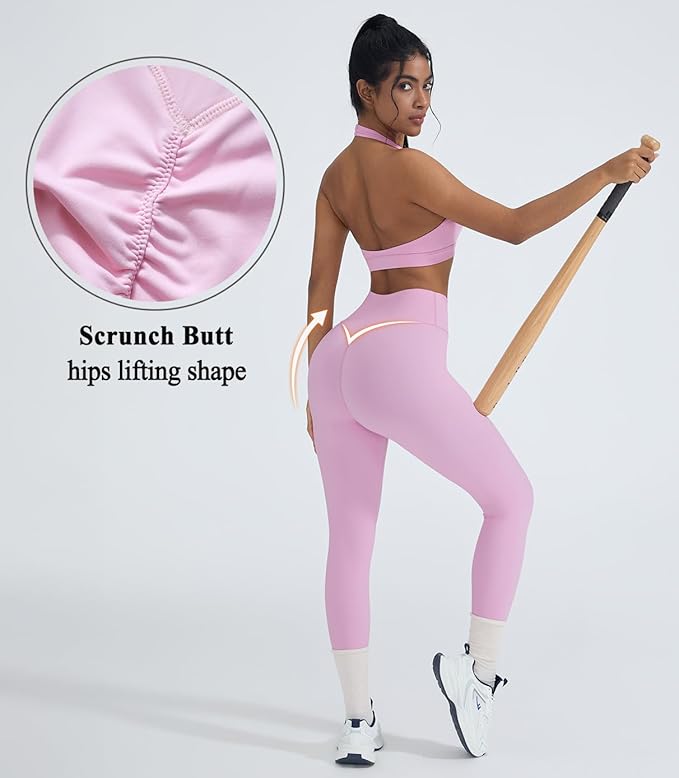 OMKAGI 2 Piece Workout Sets for Women Halter Sports Bras Gym Sets Booty Leggings Outfits