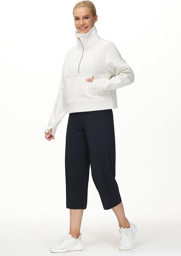 THE GYM PEOPLE Womens' Half Zip Pullover Fleece Stand Collar Crop Sweatshirt with Pockets Thumb Hole
