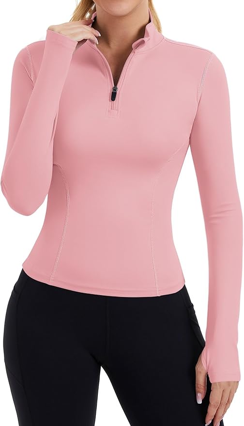 ZHENWEI Womens Workout Tops Long Sleeve Quarter Zip Pullover Quick Dry Golf Shirt Athletic Slim Fit Crop Yoga Gym Tops