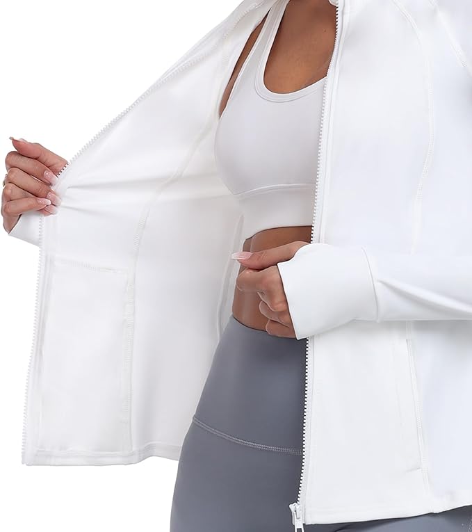 Women's Athletic Full Zip Lightweight Workout Jacket With Pockets Running Slim Fit Yoga Sportwear With Thumb Holes