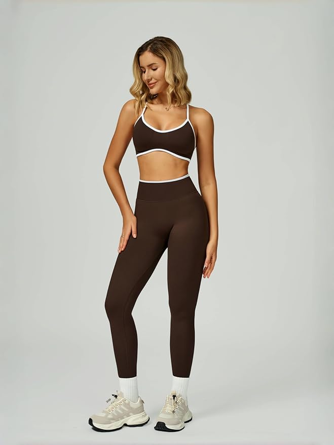 ABOCIW Womens 2 Piece Workout Sets Seamless Color Block Sports Bra Scrunch Butt Lifting High Waist Leggings Gym Set