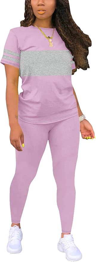 Two Piece Sets for Women Summer Short Sleeve Striped Crewneck Slim Fit Active Casual Sweatsuits